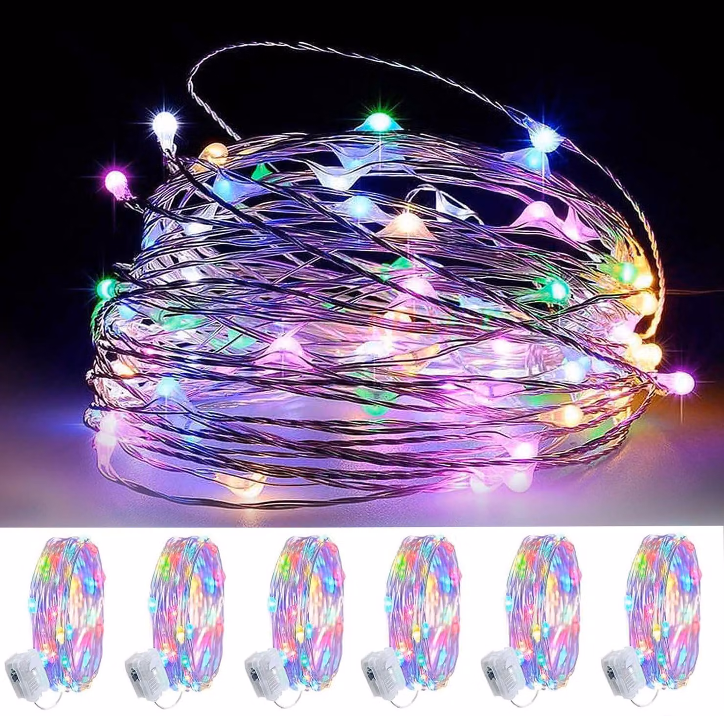 Set di 6 catene luminose, 20 LED, 2 metri, alimentazione a batteria, filo argentato, grado di protezione IP67