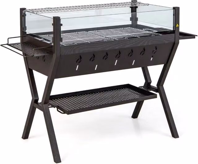 Barbecue a carbone in acciaio inossidabile con ripiano riscaldante e carrello, Marrone e Nero – 1