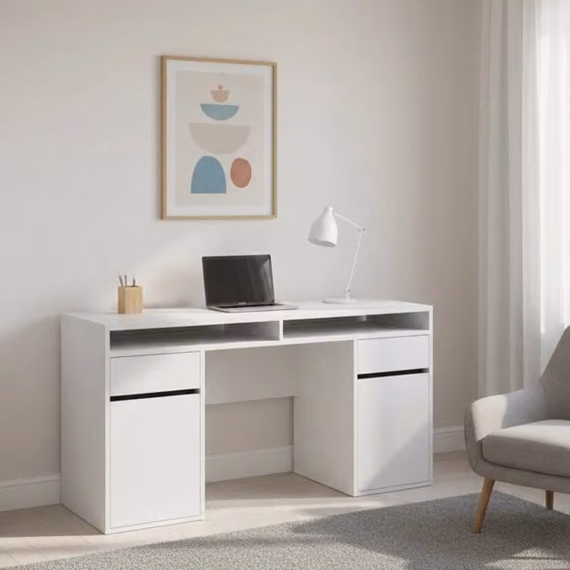 Scrivania DMORA moderna in MDF bianco lucido per ufficio o casa, L: 149 cm, P: 48,2 cm, H: 77,4 cm – 1