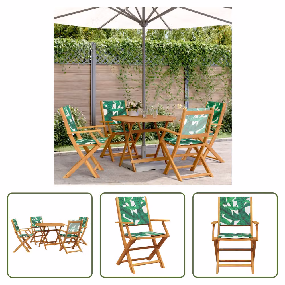 The Living Store Set da pranzo da giardino 5 pezzi in tessuto e legno massiccio motivo foglie