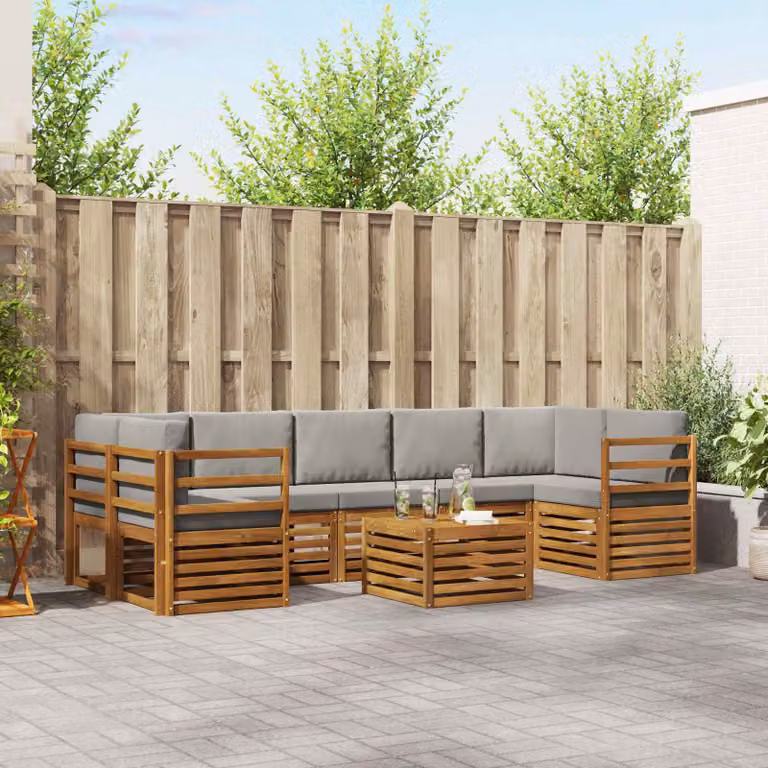 vidaXL Set di divani da esterno a L composto da 8 pezzi in legno di acacia con cuscini in tessuto Grigio e Marrone