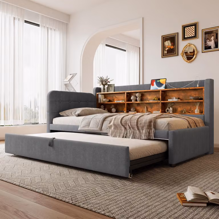 okwish Divano letto 90/180x200 senza materasso, Daybett con letto estraibile e griglia, Daybed con USB e Type-C, grigio