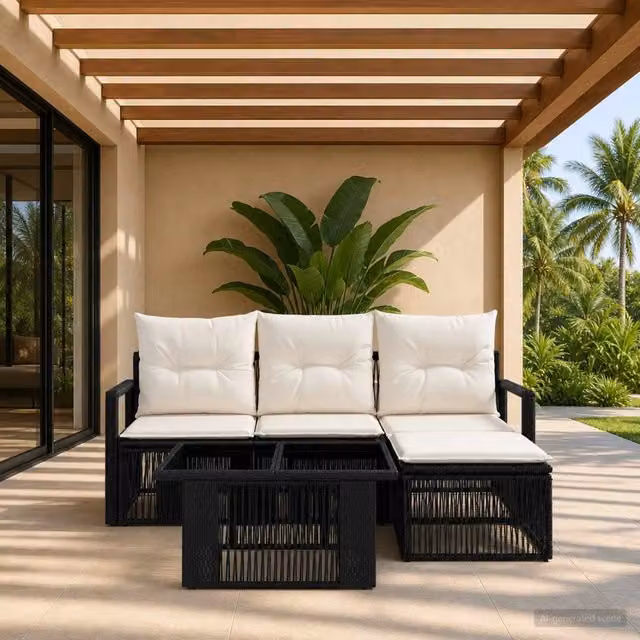 Set Divano da Giardino 5 Pezzi vidaXL in Polyrattan Nero e Bianco Crema con Cuscini e Tavolino