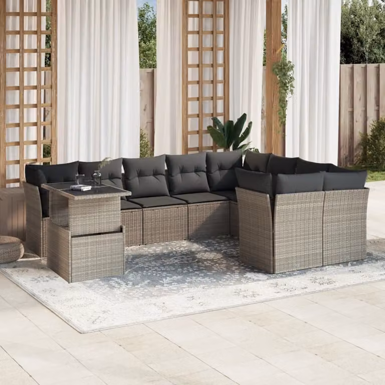 Set Divano da Giardino a L vidaXL 10 Pezzi con Cuscini Grigio Antracite e Tavolino in Polyrattan