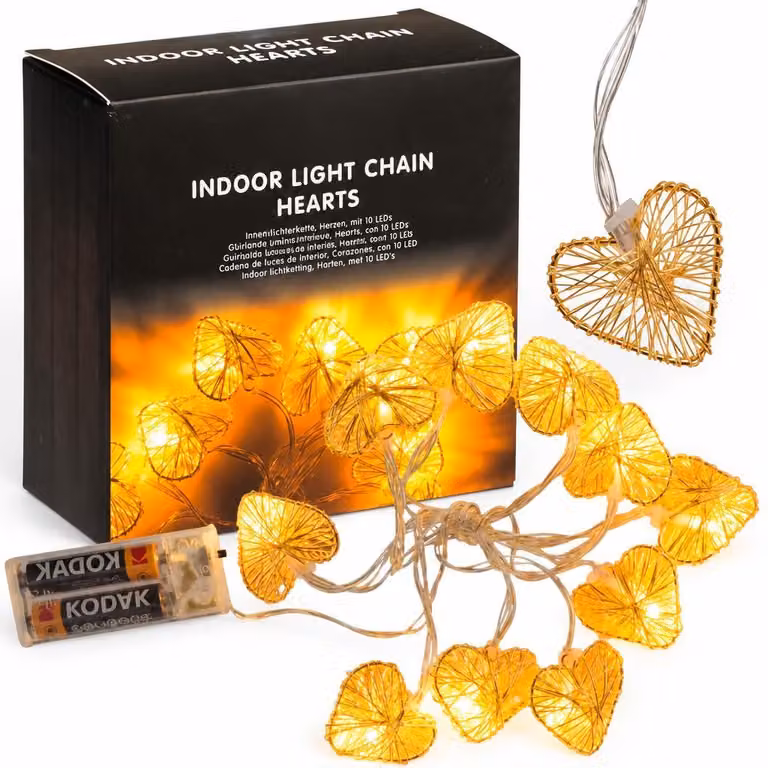 Catena luminosa a LED con cuori, lunghezza 1,65 metri, 10 LED bianco caldo, alimentazione a batteria