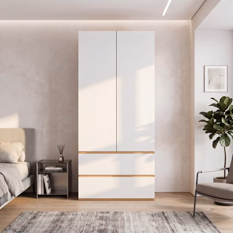 Armadio 90x50x200, con vano portaoggetti superiore, 1 asta appendiabiti, 2 cassetti, 2 ante, design moderno