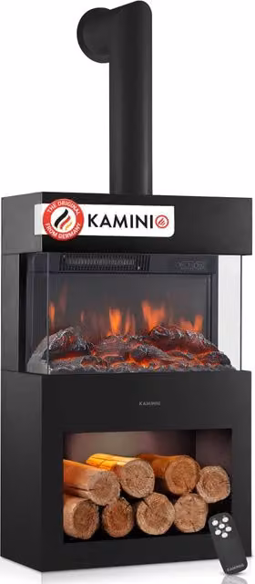 KAMINIO Camino elettrico HENRI con tubo del camino - Stufa elettrica riscaldamento, fiamma 3D, luce ambiente, scomparto de legno, telecomando - Nero