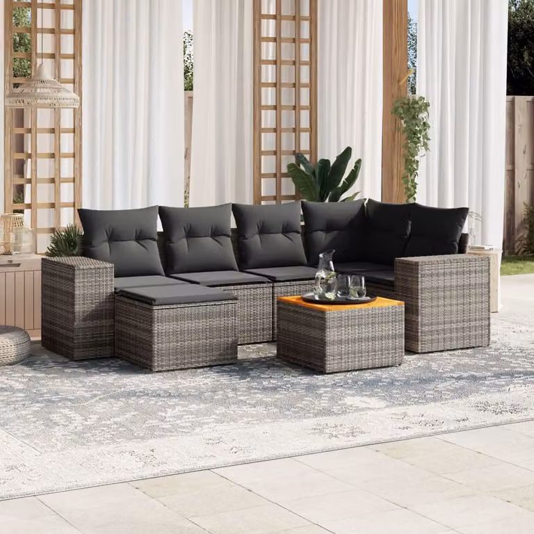 Set di divani da giardino vidaXL in polyrattan grigio con cuscini, componibile a L con tavolino e pouf