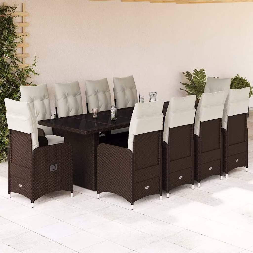 vidaXL Set Bistrò da Giardino 11 pz in Polyrattan Marrone con Cuscini e Piano in Vetro – 1