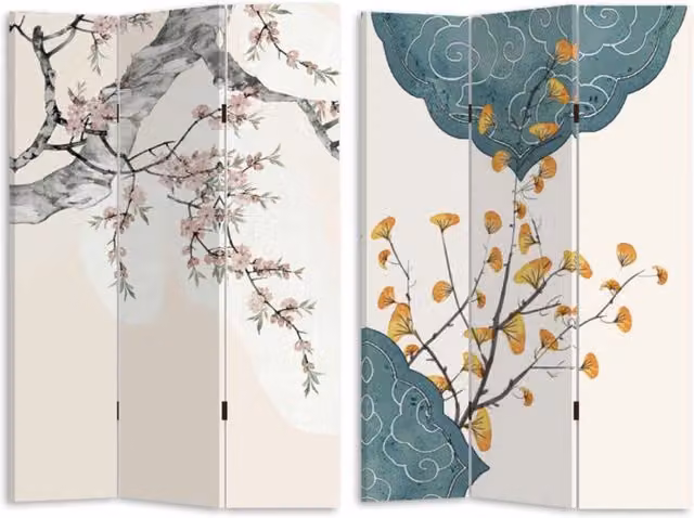 Paravento rettangolare a 3 ante con stampa rami e motivi floreali VACCHETTI, beige, L: 120,6 cm, P: 2,5 cm, H: 180 cm
