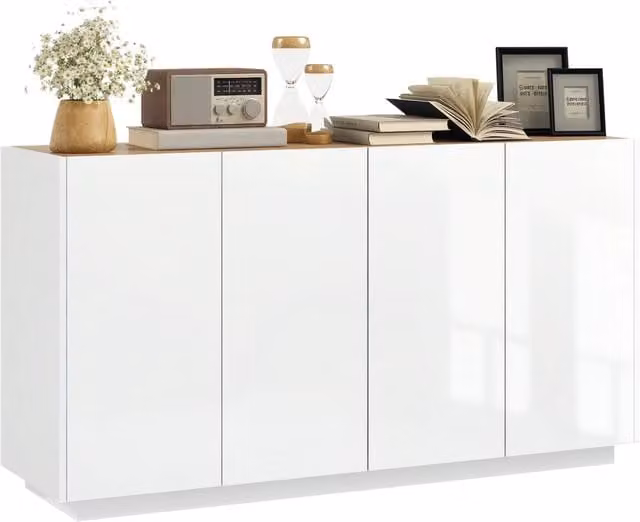 Credenza da Cucina e Salotto 4 Ante Bianco Lucido Madia con Ripiani Regolabili e Chiusura Ammortizzata 140x40x75 cm