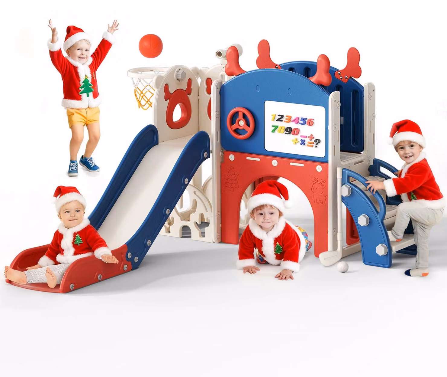 Area giochi multifunzionale 6-in-1 per bambini piccoli dai 1 ai 3 anni: scivolo, scaletta, canestro da basket, telescopio, tunnel, colore blu