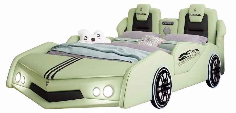 Letto per bambini verde, auto con luci a LED, altoparlante Bluetooth, spazio contenitivo