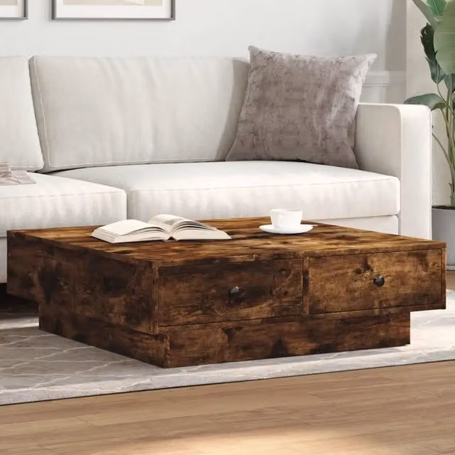 Tavolino da salotto quadrato vidaXL in legno e metallo color marrone rovere L/P/H: 90 x 90 x 28 cm – 1