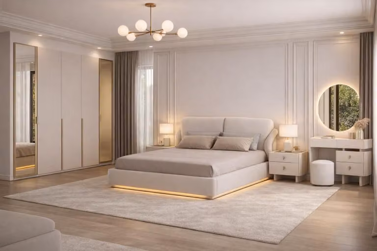 Set completo per camera da letto elegante: letto, armadio, comodini (2), cassettiera, 6 pezzi