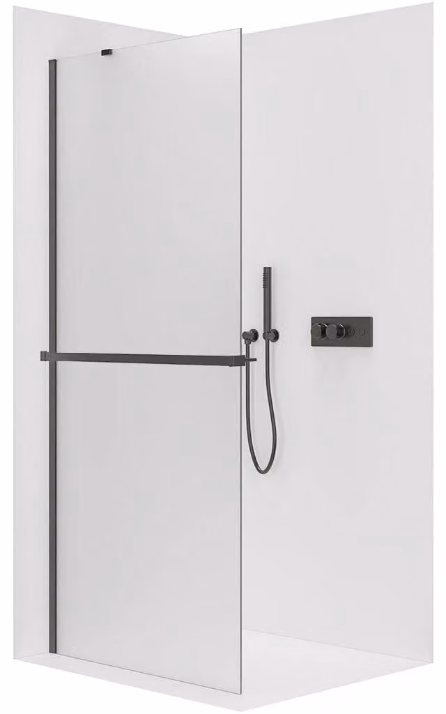 CERANO - Box doccia Walk-in Onyx Y L/P - 8 mm + mensola/portasciugamani - nero opaco, vetro smerigliato - 120x200 cm