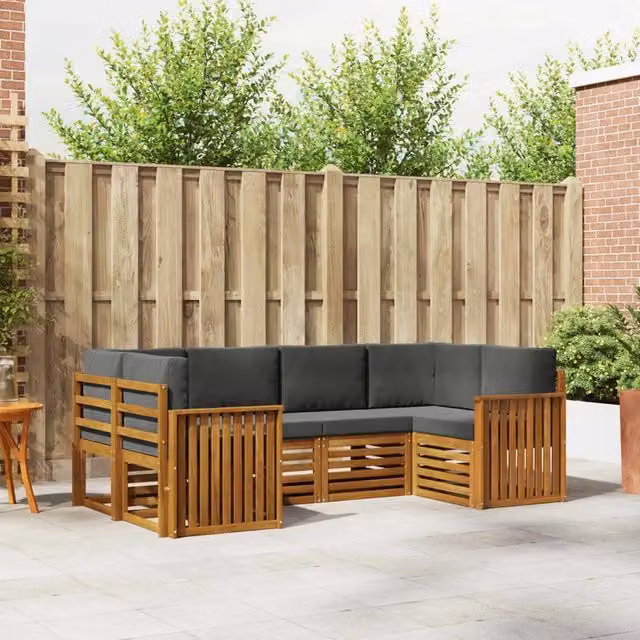 Set di divani da esterno a L vidaXL in legno di acacia con cuscini beige e antracite – 1