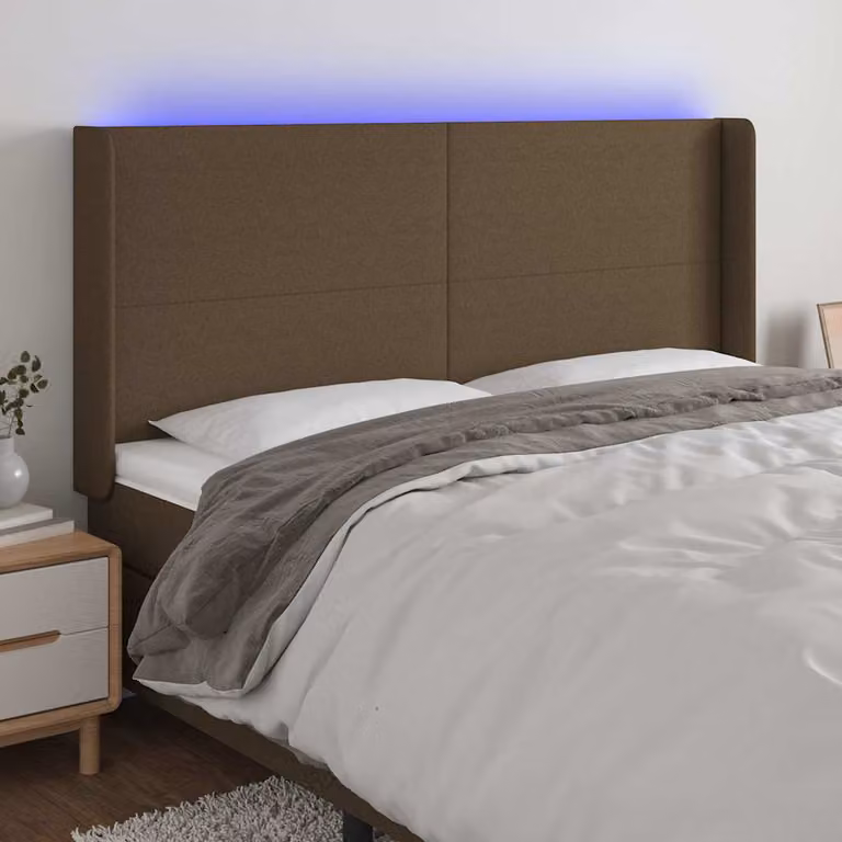 Testiera con LED e porta USB vidaXL in tessuto marrone scuro L: 203 cm, P: 16 cm, H: 118/128 cm
