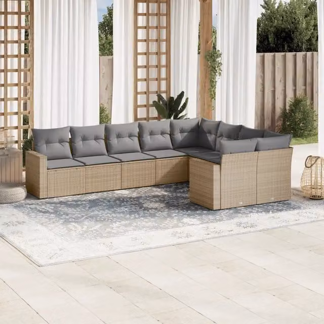 Set Divano da Giardino Moderno VIDAXL in Polyrattan con Cuscini Beige 9 Pezzi