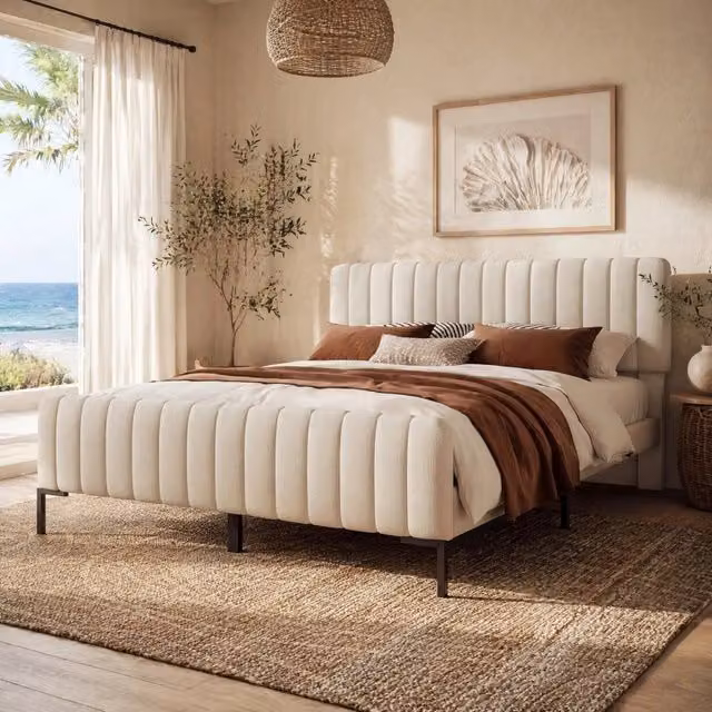 Letto imbottito 140x200 cm con testiera regolabile; grigio-beige