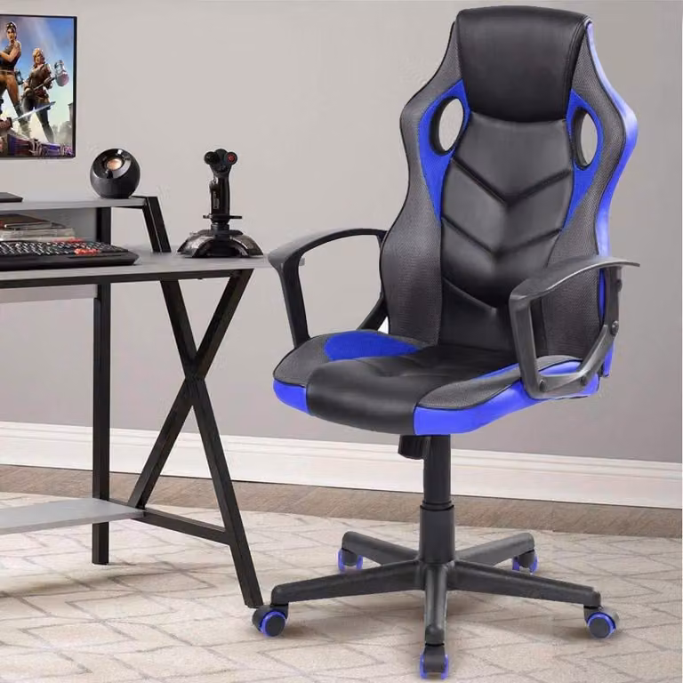Sedia da gaming ergonomica, in ecopelle, regolabile in altezza, girevole, colore blu