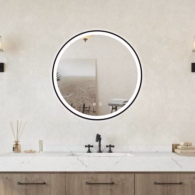Specchio da bagno tondo Aica Italy con retroilluminazione LED dimmerabile e funzione antiappannamento, colore bianco, Diametro: 70 cm