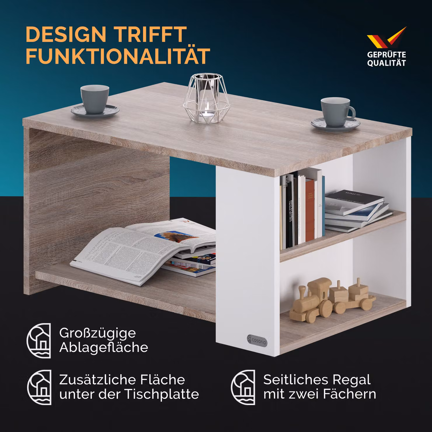 Tavolino rettangolare Casaria bianco e quercia L 90 cm x P 60 cm x H 50 cm – 2