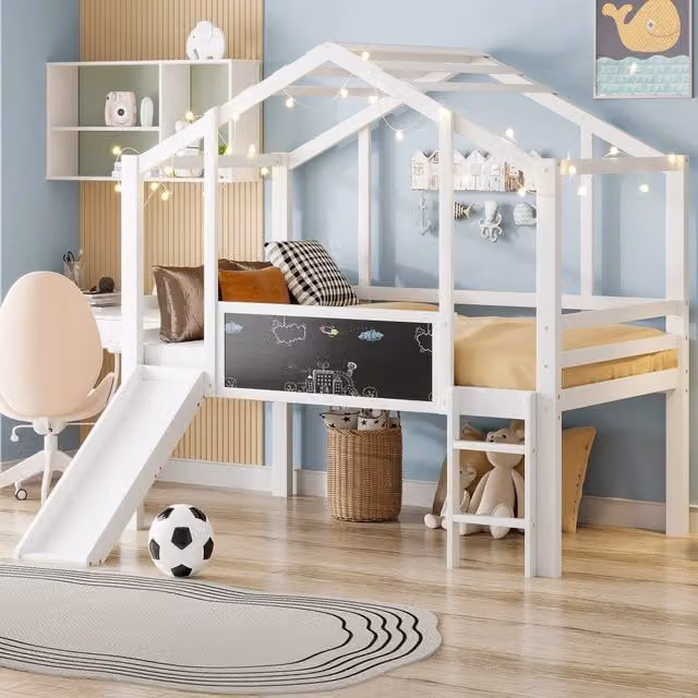 Letto a Soppalco per Bambini 90x200 cm a Capanna con Scivolo e Lavagna