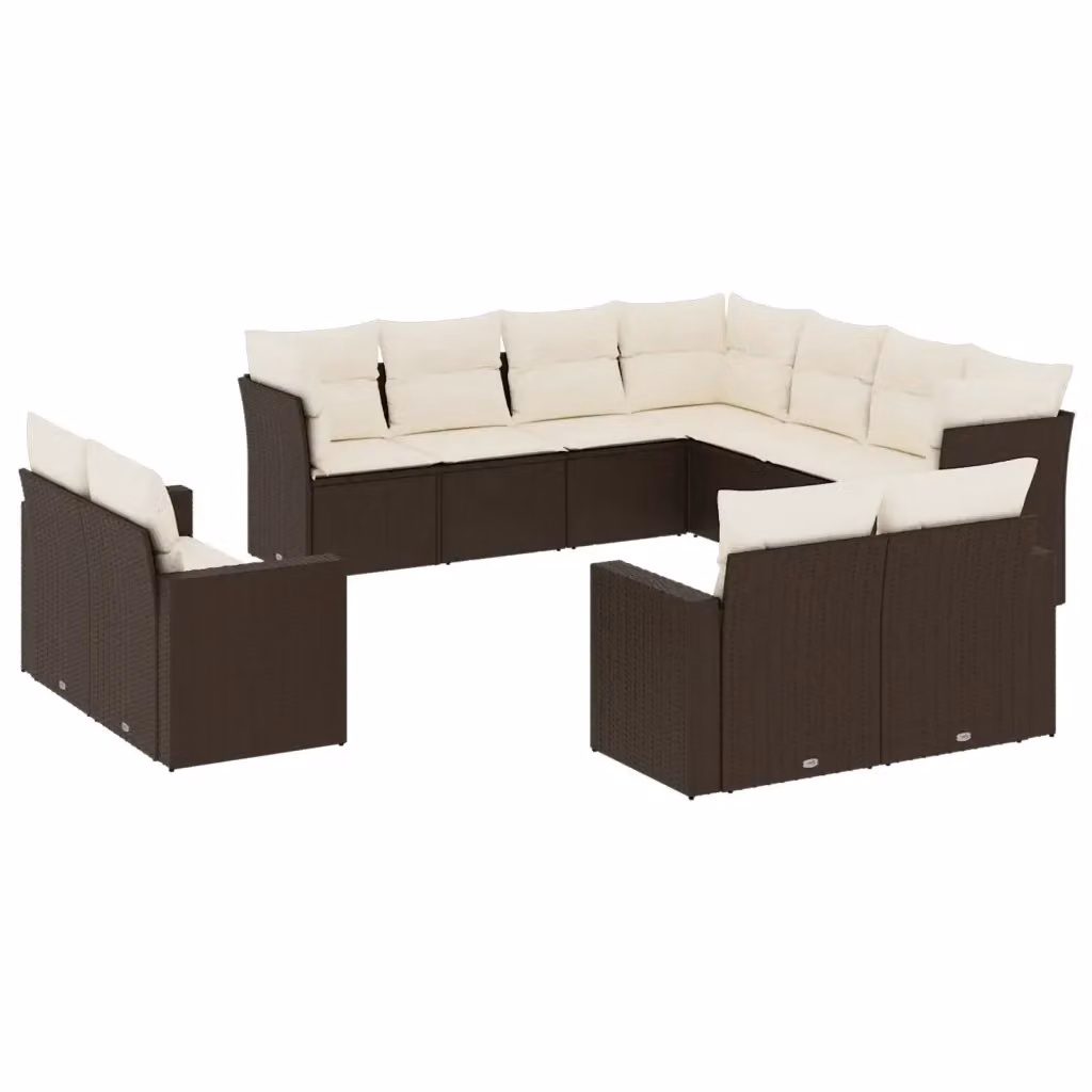 vidaXL Set Divani da Giardino 11 pz a Forma a L con Cuscini Marrone e Bianco in Polyrattan e Metallo – 2
