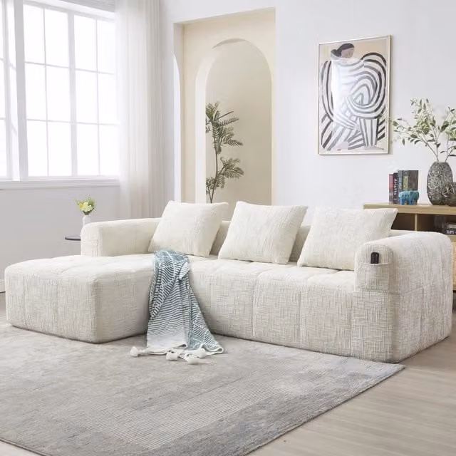 Divano Angolare 3 Posti con Chaise Longue ¨C MINIMAL ¨C Chenille Beige, Cuscini, Braccioli