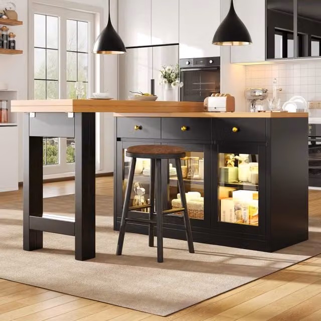 Isola da cucina, tavolo allungabile, illuminazione a LED, 3 cassetti, ante in vetro, nero