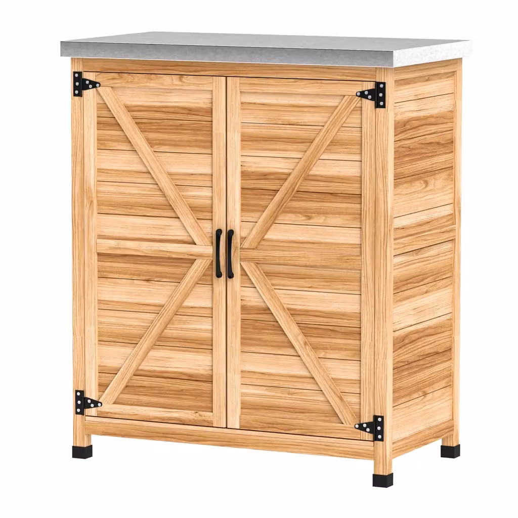 Mobile da giardino XYLO con piano da lavoro in legno e acciaio zincato, marrone, L: 79 cm, P: 43 cm, H: 92 cm – 2