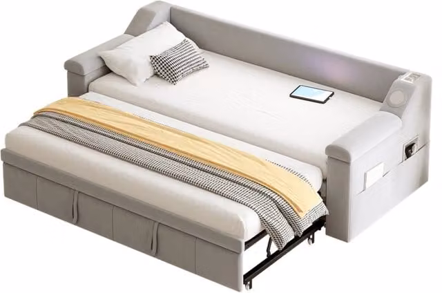 Divano letto 90x190/180x190 cm con Bluetooth; USB e vani in velluto grigio