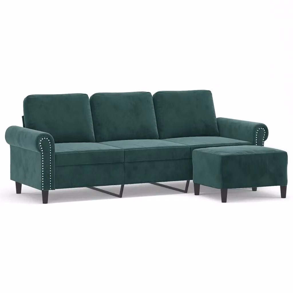 vidaXL Divano a 3 Posti con Poggiapiedi Verde in Velluto Moderno L: 212 cm, P: 80 cm, H: 77 cm – 2