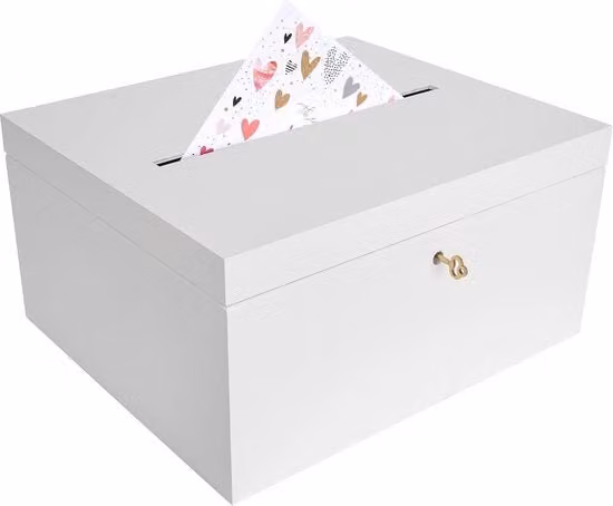 Scatola in legno bianca con coperchio e chiave per regali di matrimonio e carte
