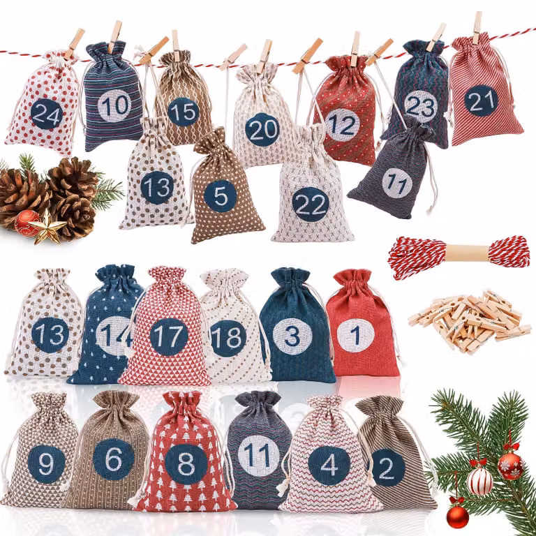 Calendario dell'Avvento da riempire, multicolore, dimensioni 10x15,5 cm, riutilizzabile