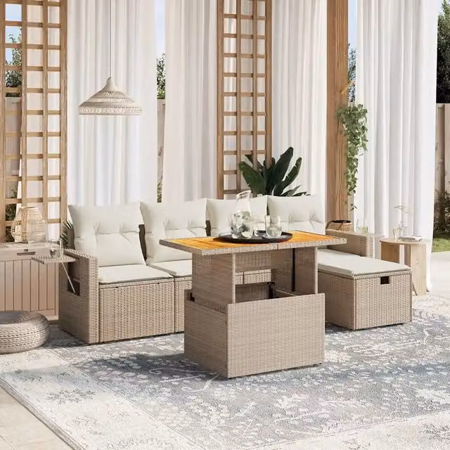 Set Divano da Giardino 6 pz vidaXL in Polyrattan con Cuscini Beige e Struttura in Legno di Acacia Oliato