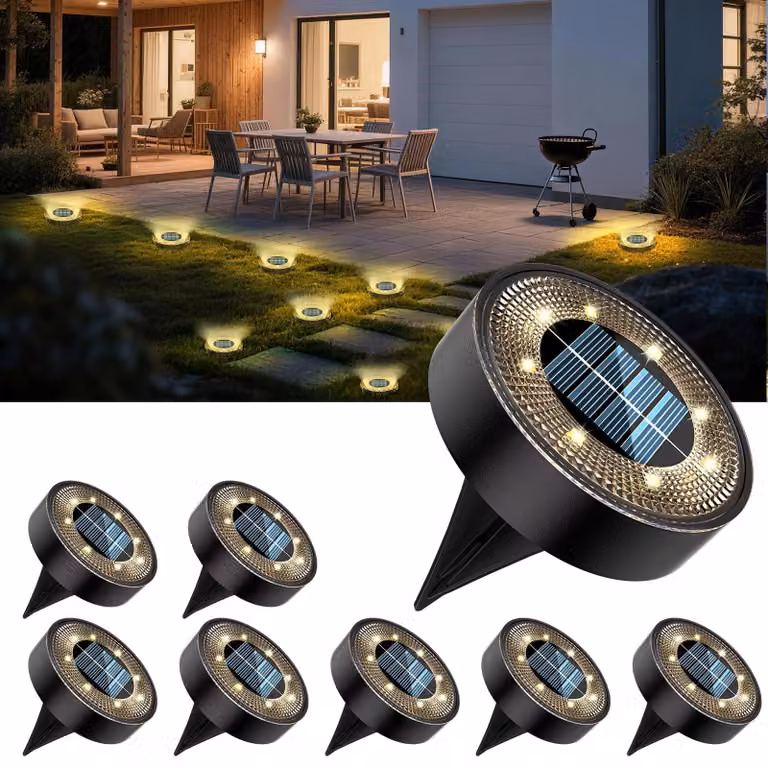 Luci da giardino solari, confezione da 8 pezzi, grado di protezione IP68, 8 LED, luce bianco caldo, materiale: plastica