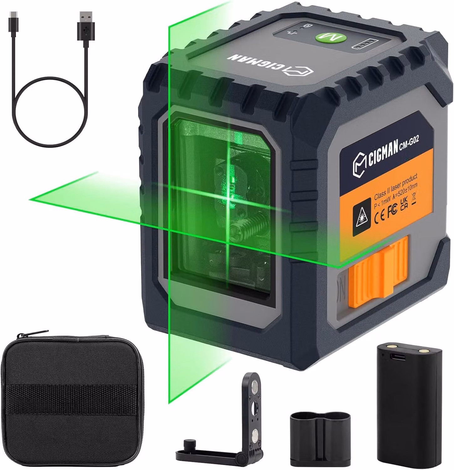 CIGMAN CM-G02 Laser a linee incrociate verde – Autolivellante, ricaricabile, portata 30 m, IP54