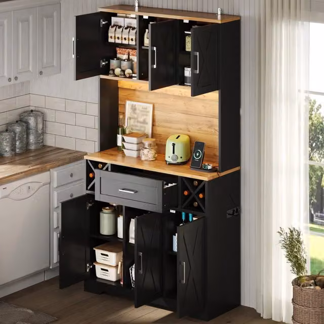 Mobile colonna da cucina Mivray in MDF con LED integrati, portavino e presa elettrica, colore naturale e nero, L/P/H: 105 x 40 x 180 cm – 1
