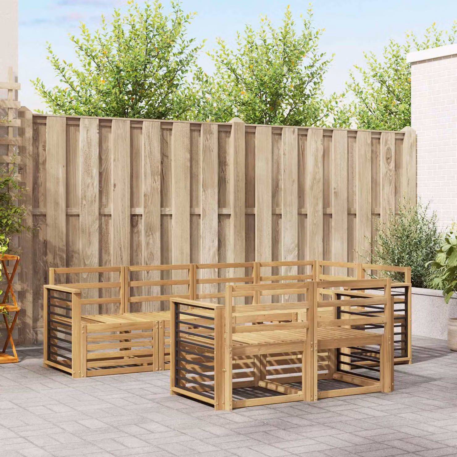 Set di divani da esterno vidaXL in legno di acacia massello con cuscini, 7 pezzi, Bianco e Marrone, design moderno a L per giardino e terrazza