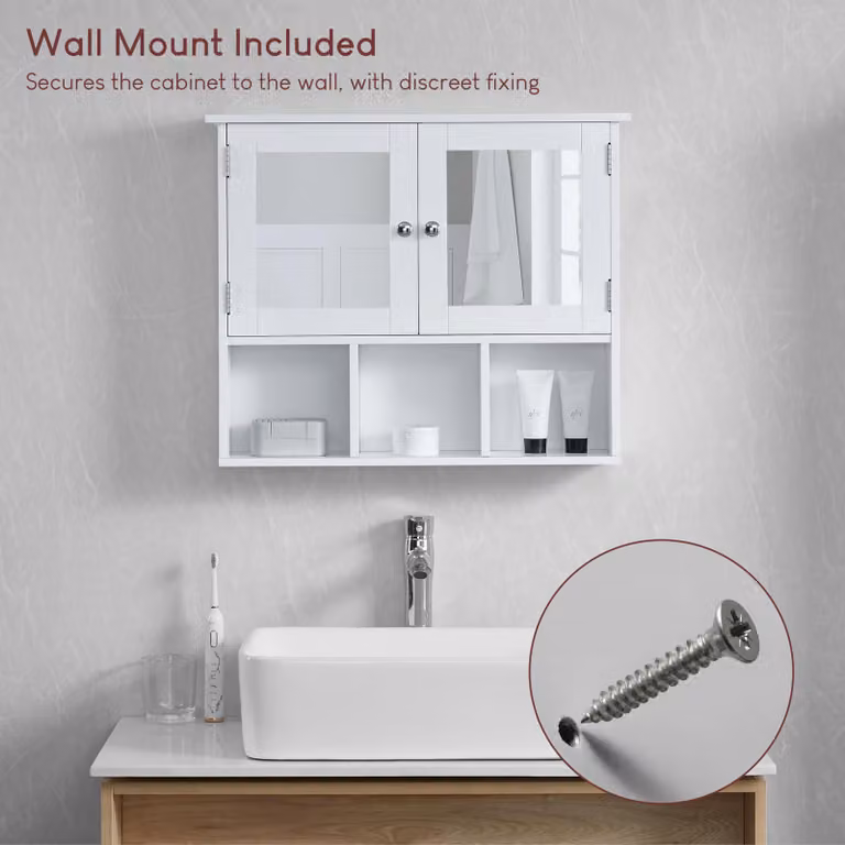 Armadietto da bagno con specchio, dimensioni 50 x 60 x 14 cm, bianco, da montare a parete, per il bagno