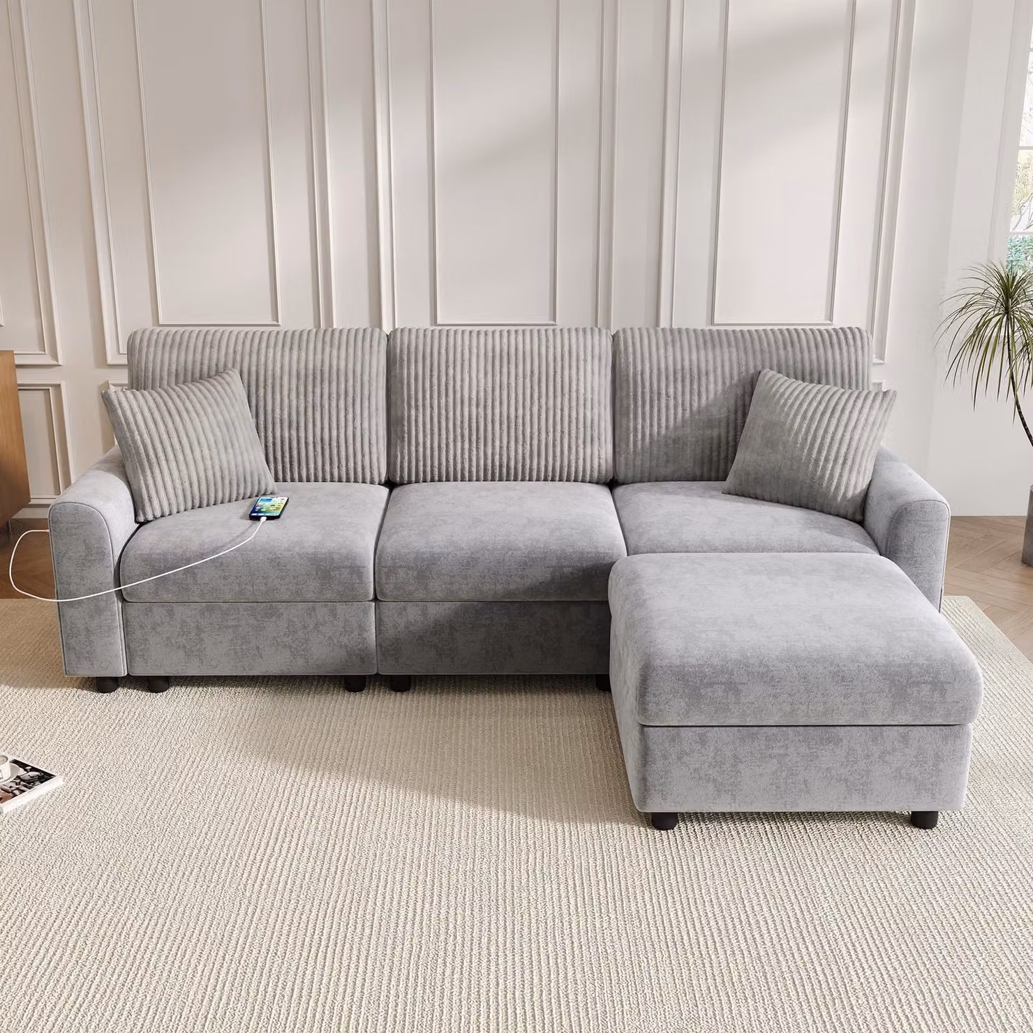 Merax Divano moderno a 3 posti, divano ad angolo a L con pouf, rivestimento in ciniglia, porta USB Type-C, con cuscini, divano grande da salotto, grigio