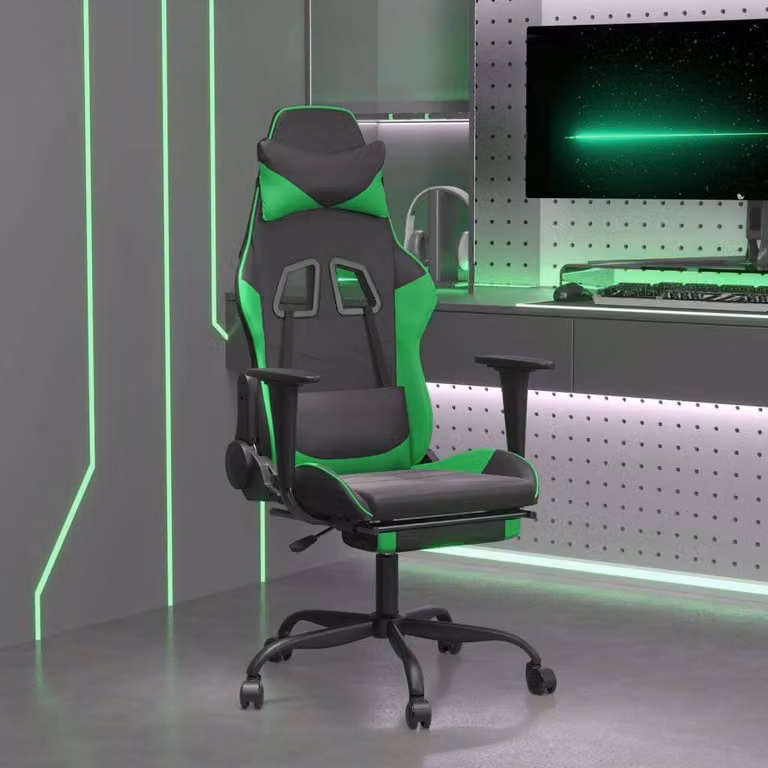 The Living Store Sedia da gioco con poggiapiedi in ecopelle nera e verde