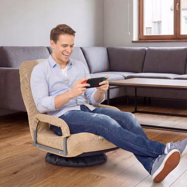Sedia da gaming pieghevole Costway per adulti, modello con base girevole a 360° e regolazione in 6 posizioni, colore marrone e beige in tessuto