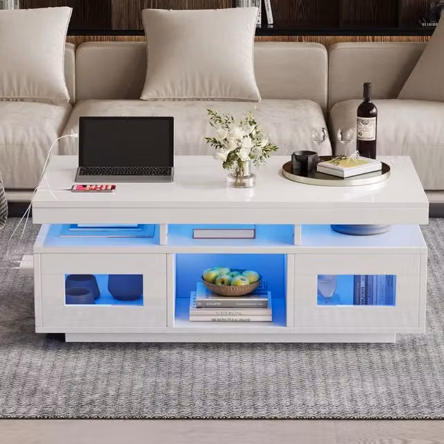 Tavolino basso Mivray bianco con LED RGB controllabili da app, presa europea e USB, L 100 x P 50 x H 43 cm
