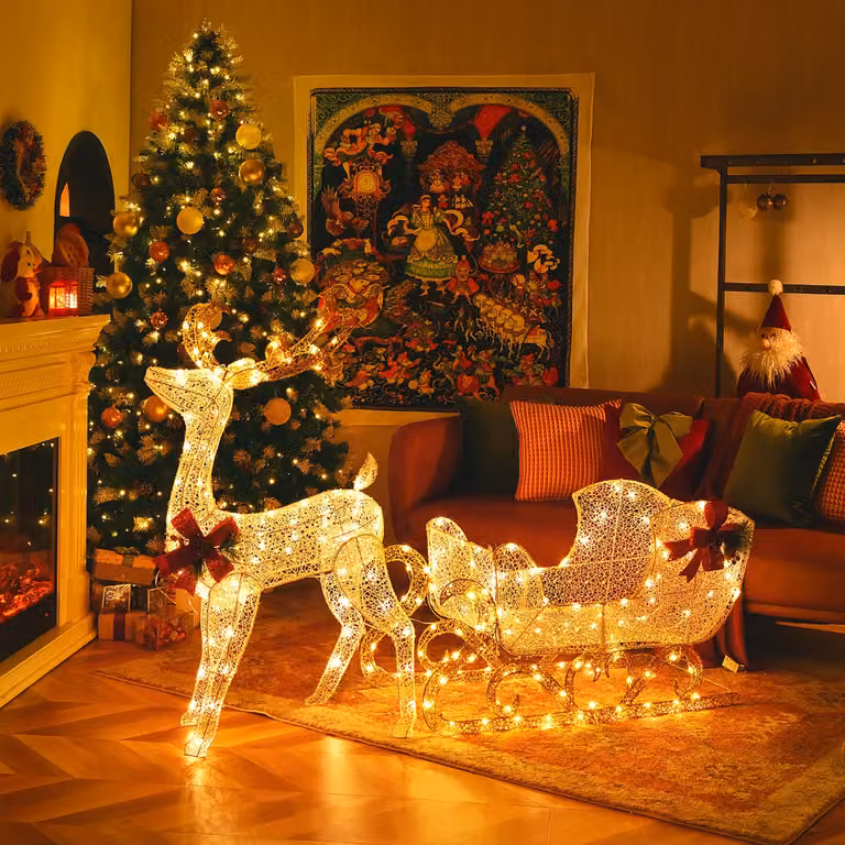 Costway Renna di Natale e slitta di babbo natale pre-illuminati, Decorazione natalizia illuminata da giardino con 215 luci LED