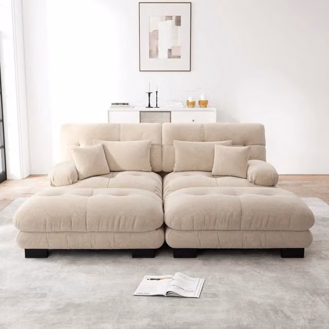 Divano Angolare Minimal in Chenille Tortora Chiaro con Ottoman e Cuscini