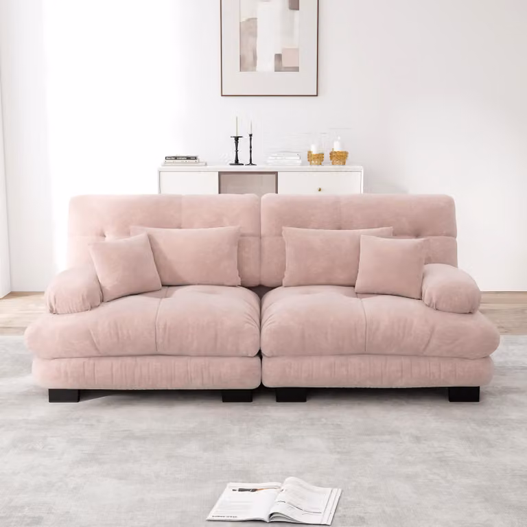 Divano angolare imbottito, tessuto in chenille, 2 cuscini lombari, 2 cuscini decorativi, struttura in legno massello (colore rosa)