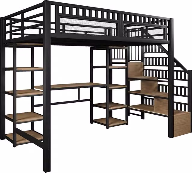 Letto a soppalco 140x200 cm con struttura in ferro, scrivania integrata, illuminazione LED e porta USB, senza materasso, nero